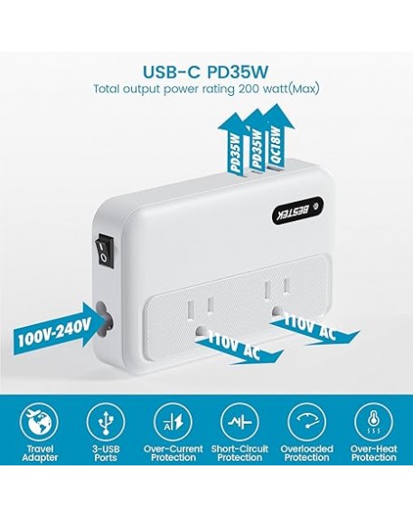 BESTEK 220V to 110V Voltage Converter Universal Travel Adapter for Hair Straightener Curling Iron PD35W 1 USB-A 2 USB-C Port